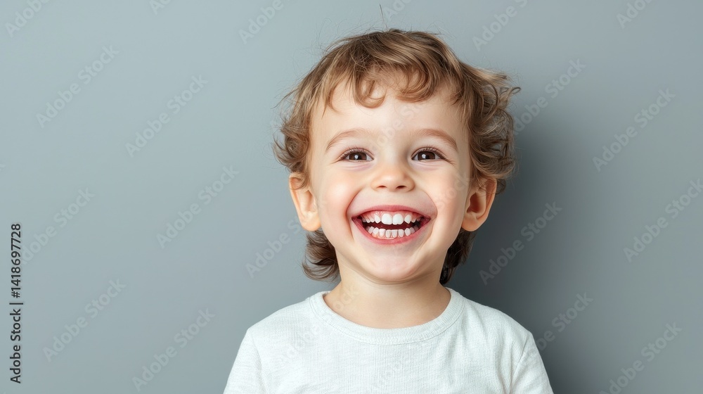 Happy Young Child with Bright Smile Posing Against Gray Background Happy Young Child with Bright Smile Posing Against Gray Background