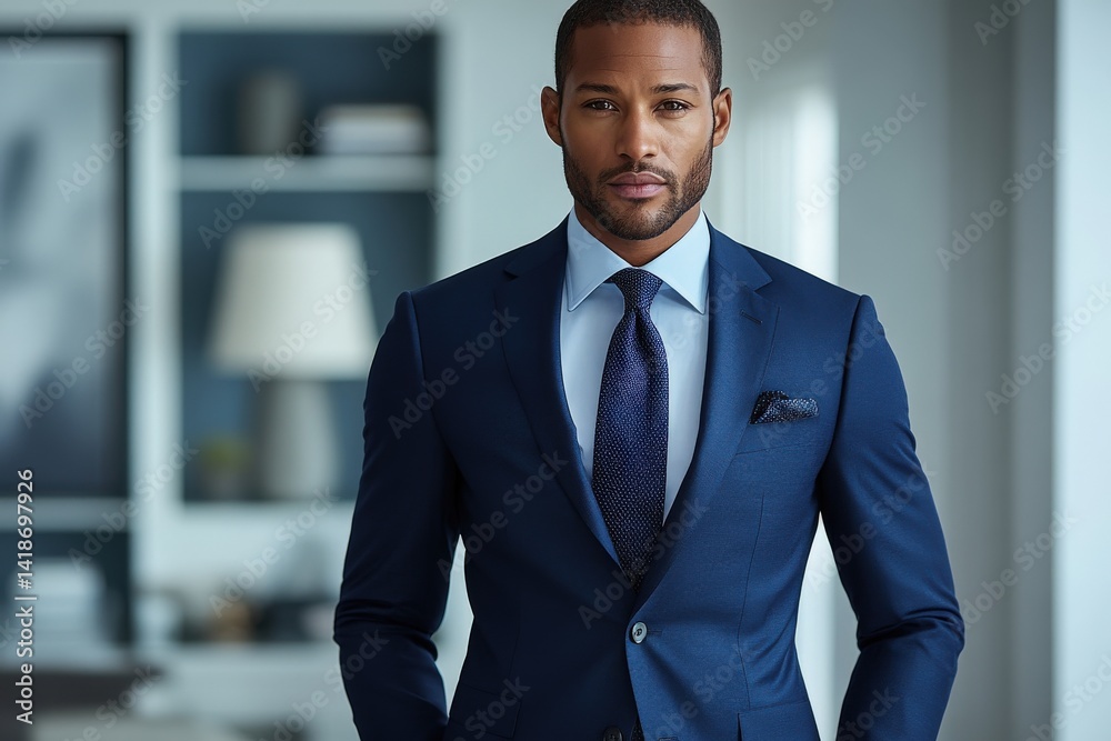 Confident man in a navy blue suit, hands in pockets, serious expression Confident man in a navy blue suit, hands in pockets, serious expression
