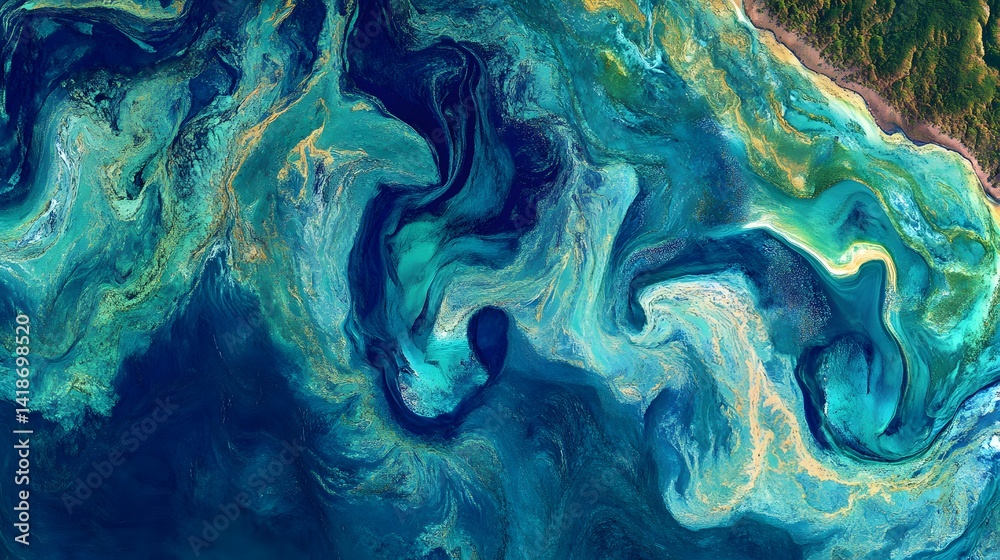 Fototapeta premium Dynamic Aerial View of Swirling Teal and Navy Blue Ocean with Golden Sands Texture