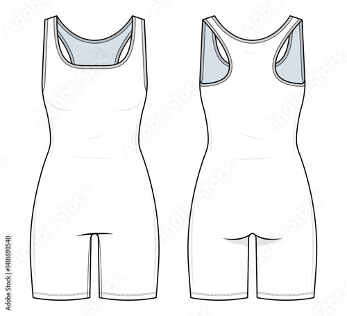 One-Piece Active Bodysuit Technical Fashion Illustration. Sleeveless Fitted Unitard with Scoop Neckline Vector Template. Front and Back View. Activewear. Women’s Athleisurewear. CAD Mockup.