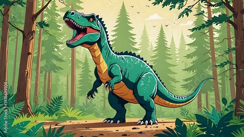 Roaring Dinosaur Cartoon Character Walking Through a Lush Green Forest