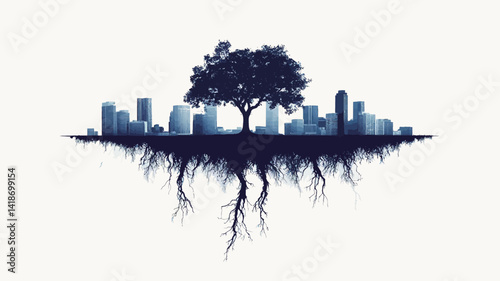 The image presents a stylized, minimalist graphic design.  A central, dark-blue silhouette of a tree is depicted, its roots extending downwards to visually encompass a similarly silhouetted