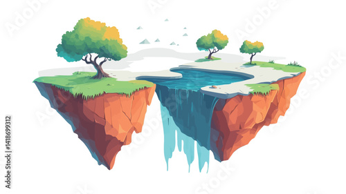 A digital painting depicting a stylized floating island landscape. The illustration showcases two distinct landmasses connected by a cascading waterfall