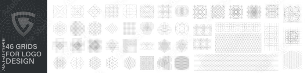 A big vector set of grids for logo design. Trendy abstract minimalist figures, stars, flowers, circles, squares, triangles, polygons, shields, pins, diamonds. Create beautiful geometric logos