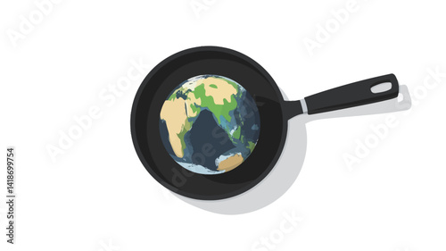 High-angle, close-up shot of a non-stick frying pan with a stylized illustration of planet Earth depicted within its surface. The Earth illustration is rendered in shades of blue