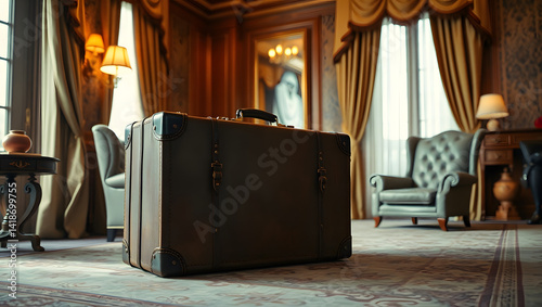 Realistic minimalist interior of hotel room  with suitcase for vacation