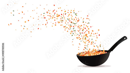 A high-key, digitally rendered image showcases a black wok positioned at a three-quarter angle against a stark white background.  The wok is filled with golden-brown