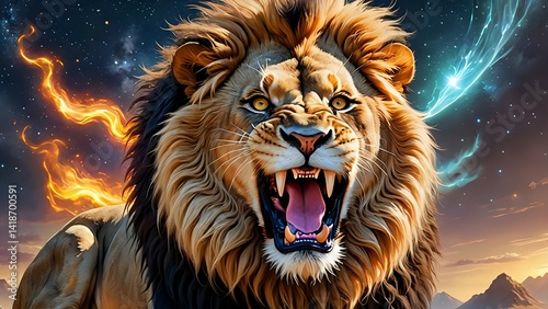 Roaring Lion with Fiery Energy Displayed Against a Starry Sky Backdrop