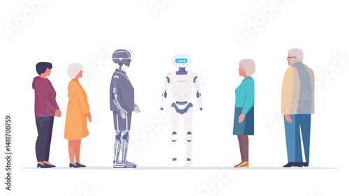 A digitally rendered illustration showcases a line of five individuals, three elderly and two younger, standing facing two robots. The robots, centrally positioned