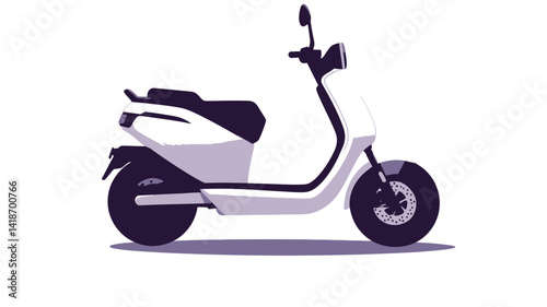 A three-quarter profile view of a modern, sleek white electric scooter is presented against a stark white background. The scooter is rendered with a high degree of detail