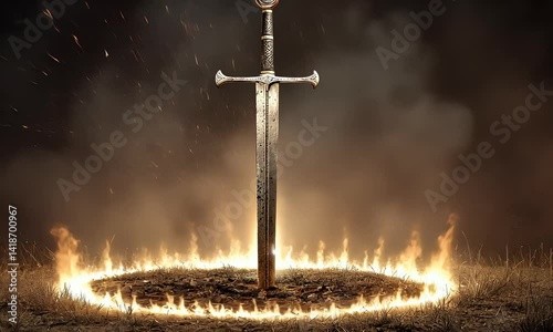 A sword stands firm in a circle of flames, emitting light in a field with a cloudy background, suggesting power