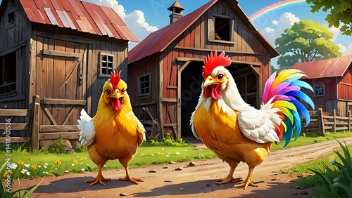 Roosters and Hen Posing on Farm with Barns and Rainbow