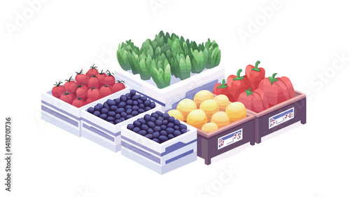 Isometric illustration depicting a stylized market display featuring various fresh produce.  The image uses a vibrant color palette with high saturation. Four rectangular crates are arranged