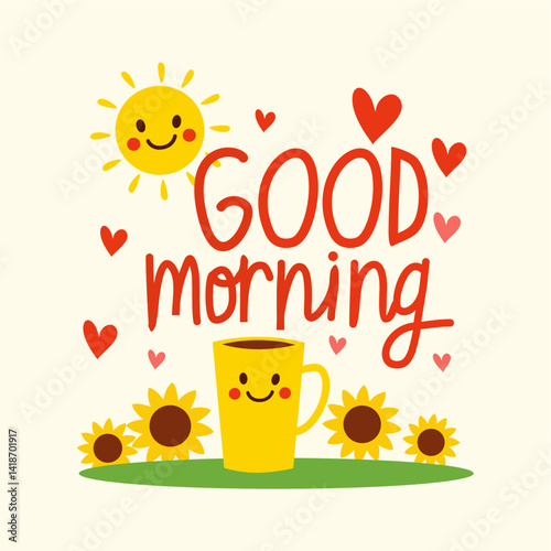 Smiling sun a cup of coffee and sunflowers.