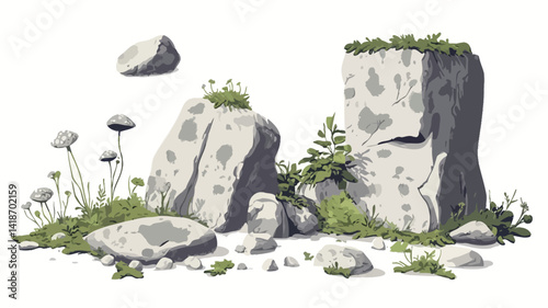 A digital illustration depicts a cluster of grey and white cartoonish rocks of varying sizes and shapes, scattered against a pure white background.  Several rocks exhibit a weathered