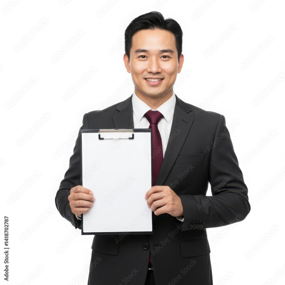 Man smiling holding a blank clipboard wearing a suit and a tie isolated on white background Man smiling holding a blank clipboard wearing a suit and a tie isolated on white background