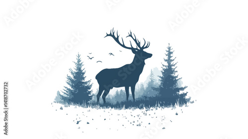 The image is a stylized digital illustration showcasing a monochromatic silhouette of a deer, possibly a red deer stag, standing majestically amidst a stylized winter forest