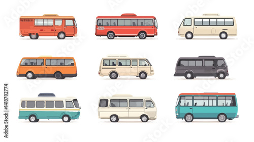 A digital illustration showcasing a collection of nine retro-styled buses and vans rendered in a flat vector style.  Each vehicle is presented in a side profile view against a stark white