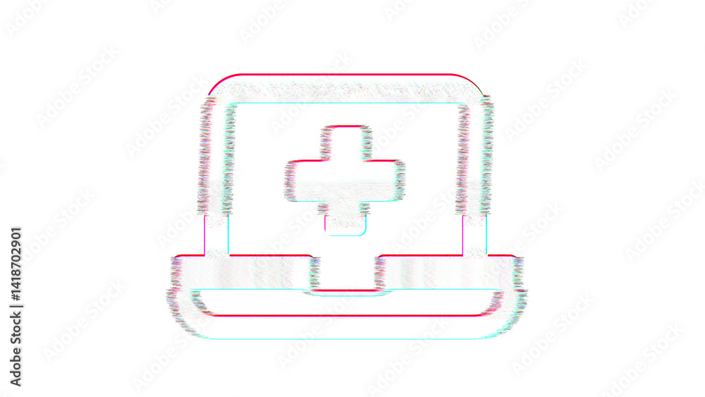 Icon laptop medical is distorted. Glitch. Noise, chromatic aberration, geometric distortion Icon laptop medical is distorted. Glitch. Noise, chromatic aberration, geometric distortion