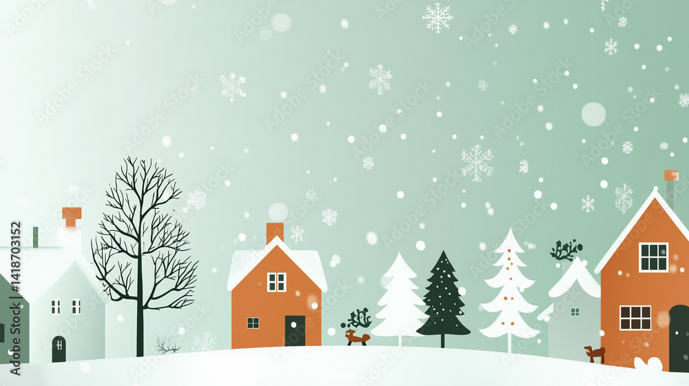 Fototapeta premium A simple vector illustration of snow falling on houses and trees in the distance
