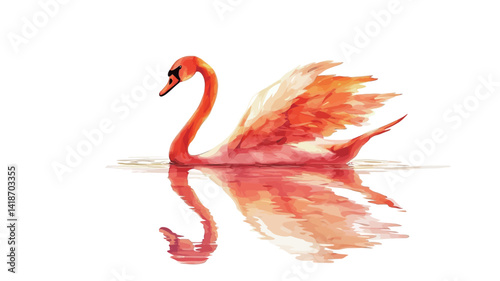 A digital watercolor painting depicts a stylized swan, rendered in warm shades of orange and red.  The swan's posture suggests a moment of stillness; its wings appear partially extended