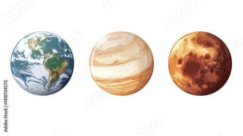 A digital illustration showcases three planets: Earth, Jupiter, and Mars.  Earth is depicted with realistic detail, showing continents and oceans in shades of blue, green, and brown