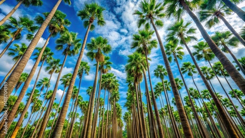 Surreal Asian Palmyra Palm Rows, Blue Sky, Lontar Palm, Fan Palm, Brab Palm, Surreal Photography
