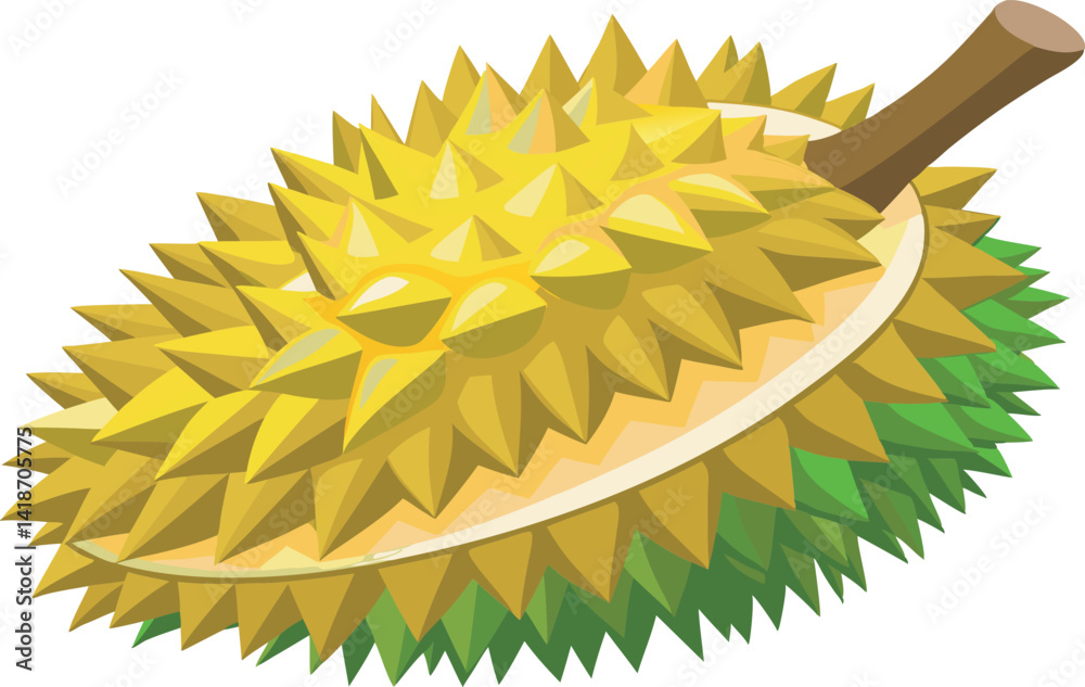 A vibrant vector art illustration showcasing the delicious tropical durian fruit, highlighting its unique spiky shell and rich creamy texture. A vibrant vector art illustration showcasing the delicious tropical durian fruit, highlighting its unique spiky shell and rich creamy texture.