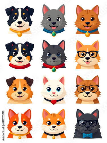 A charming illustration featuring various happy dogs and cats with appealing expressions, perfect for fun projects.