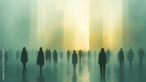 Abstract city commute where people dissolve into soft shapes and lines minimal background full HD,generative ai illustration