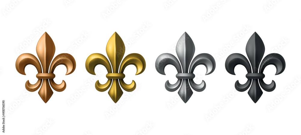 Vector 3D Realistic Fleur-de-Lis Symbols in Gold, Silver, Bronze and Black. Heraldic Royal Lily Icon Set for Medieval Emblems, Badges, Coat of Arms and Decorative Designs. Vector Illustration