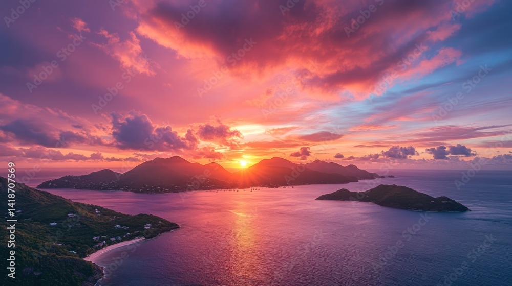 Fototapeta premium Majestic Sunset over Caribbean Islands: A breathtaking panoramic view of vibrant colors painting the sky and sea at dusk.