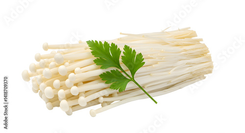 Fresh enoki mushrooms with a green leaf garnish, isolated on a white background, ideal for culinary presentations