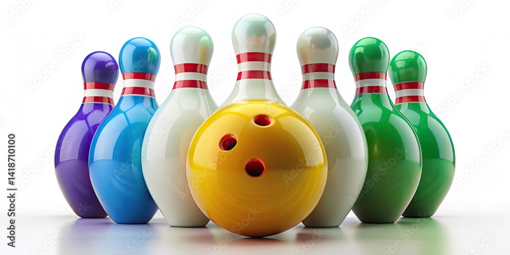 Naklejka premium 3D Rendered Bowling Ball & Skittles: Isolated Objects, Realistic Still Life