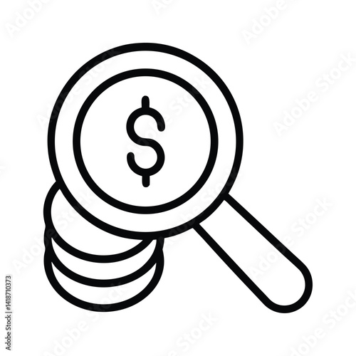 Dollar Coins Stack and Magnifying Glass Icon in Outline Style with Transparent Background