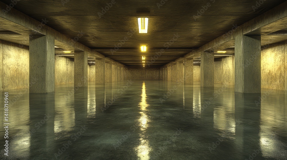 Fototapeta premium Flooded underground parking structure is illuminated by recessed lighting