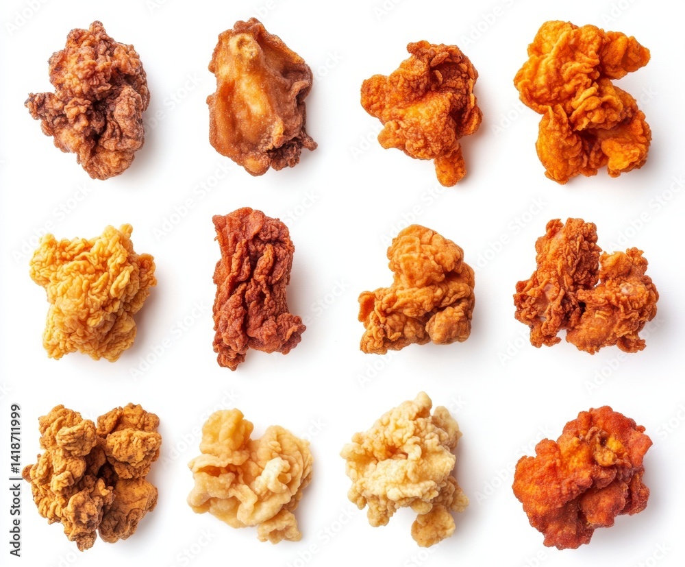 Assorted Crunchy Fried Chicken Bites on White Background Assorted Crunchy Fried Chicken Bites on White Background