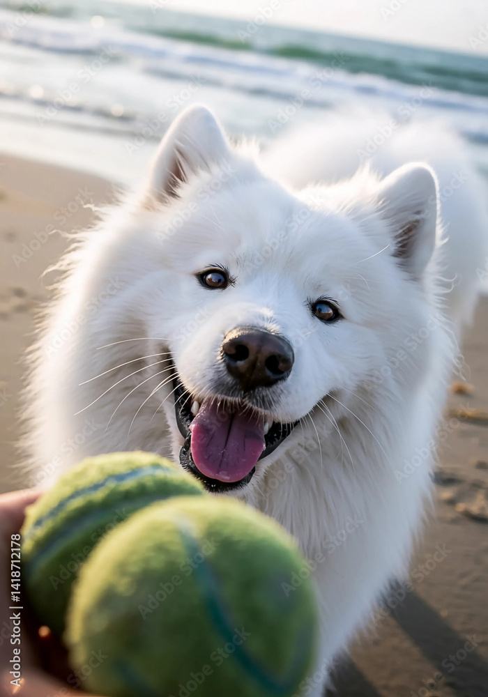 Naklejka premium An extreme close-up of a dog’s face as it plays fetch at the beach, capturing the excitement and joy of the playful moment.
