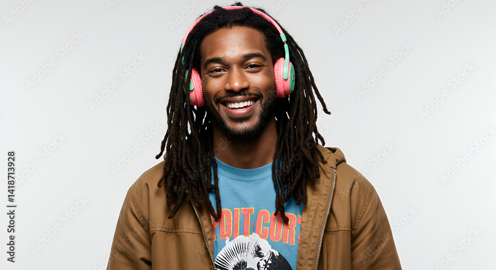 Fototapeta premium Black Man with Dreadlocks and Headphones – White Background