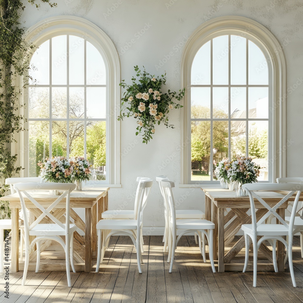 Fototapeta premium Elegant dining area features arched windows and floral decorations