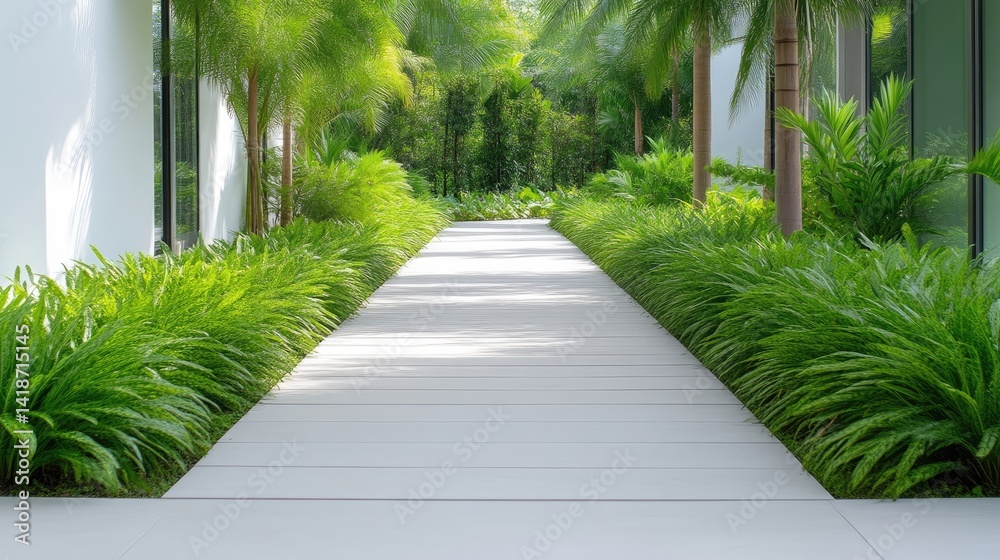 Obraz premium Lush Pathway Tropical Greenery Modern Minimalist Style Bright Sunlight Full-length Perspective Smooth Concrete Surface Tranquil Escape Lush Gardens Serene Green Tones Ideal for Landscape Design