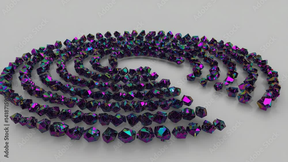 Iridescent crystals geometrically arranged in spiral on white surface, abstract rendering