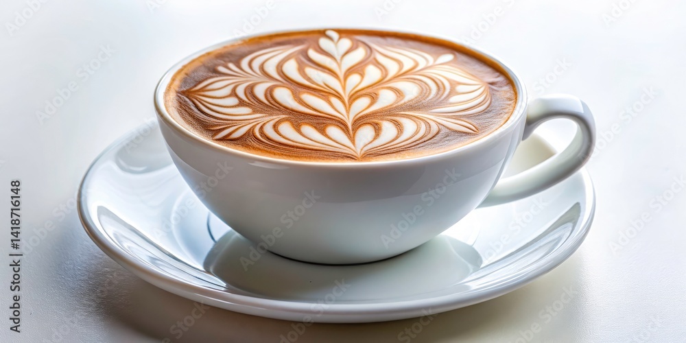 Captivating Latte Art Coffee in White Cup on Clean White Background - Aesthetic Beverage Photography for Coffee Lovers and Barista Inspiration Captivating Latte Art Coffee in White Cup on Clean White Background - Aesthetic Beverage Photography for Coffee Lovers and Barista Inspiration
