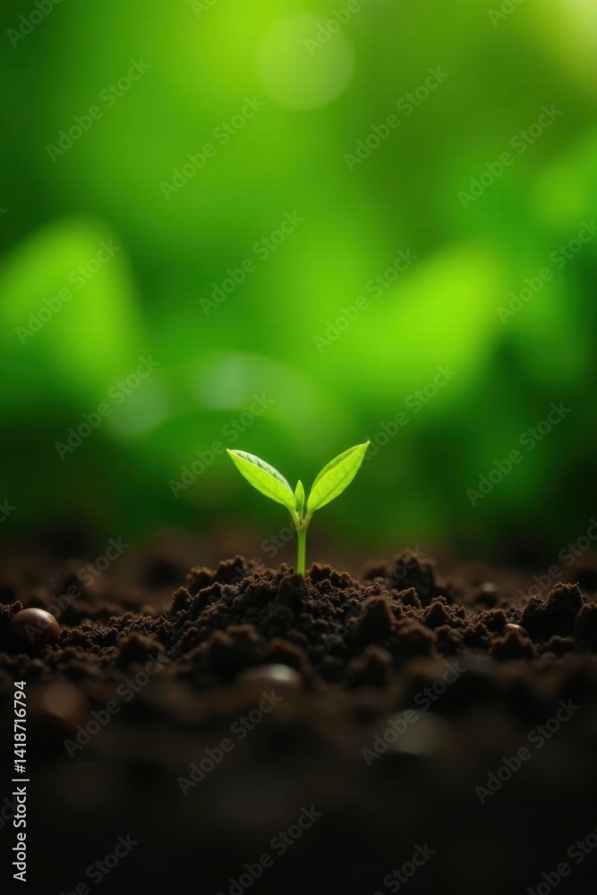 Fototapeta premium Sprouting coffee seedlings amidst green foliage, lush, growth, coffee bean