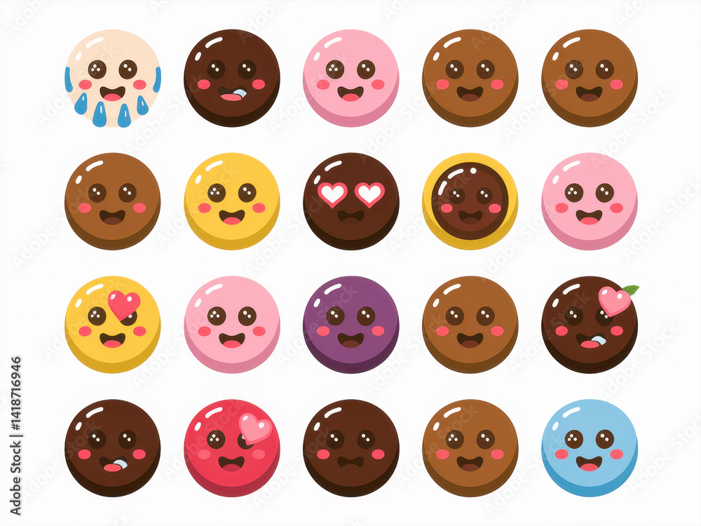 Cute kawaii donut faces with various emotions and expressions in pastel colors