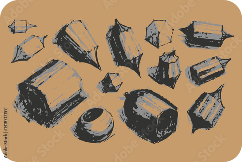 Assorted Abstract Forms with Textured Shading: A Study of Light and Shape on Warm Backdrop