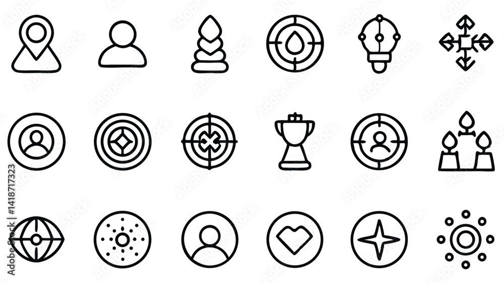 Collection of Simple Black Line Icons for Targeting and Success Collection of Simple Black Line Icons for Targeting and Success