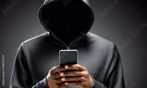 Hooded figure uses a phone, face obscured against a dark gray gradient background. Dark outfit, hands exposed