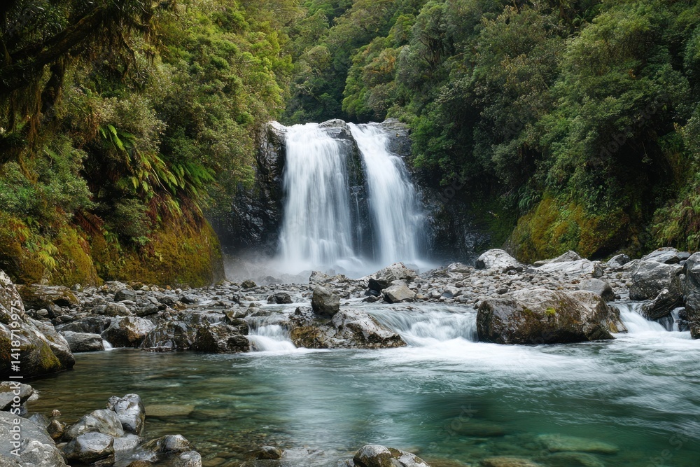 Obraz premium Beautiful flowing waterfall cascades into a clear green water stream