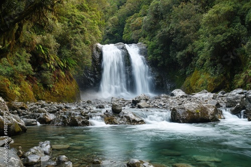 Beautiful flowing waterfall cascades into a clear green water stream